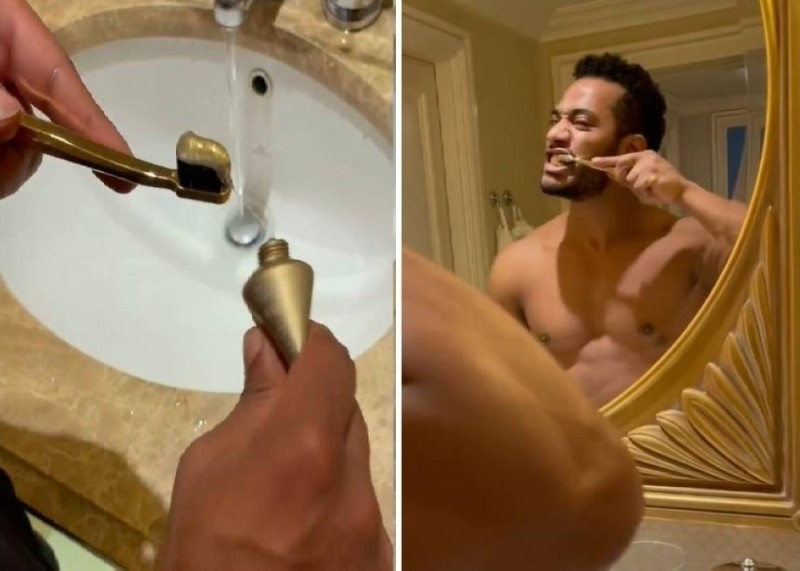 شاهد محمد رمضان يغسل أسنانه بالذهب